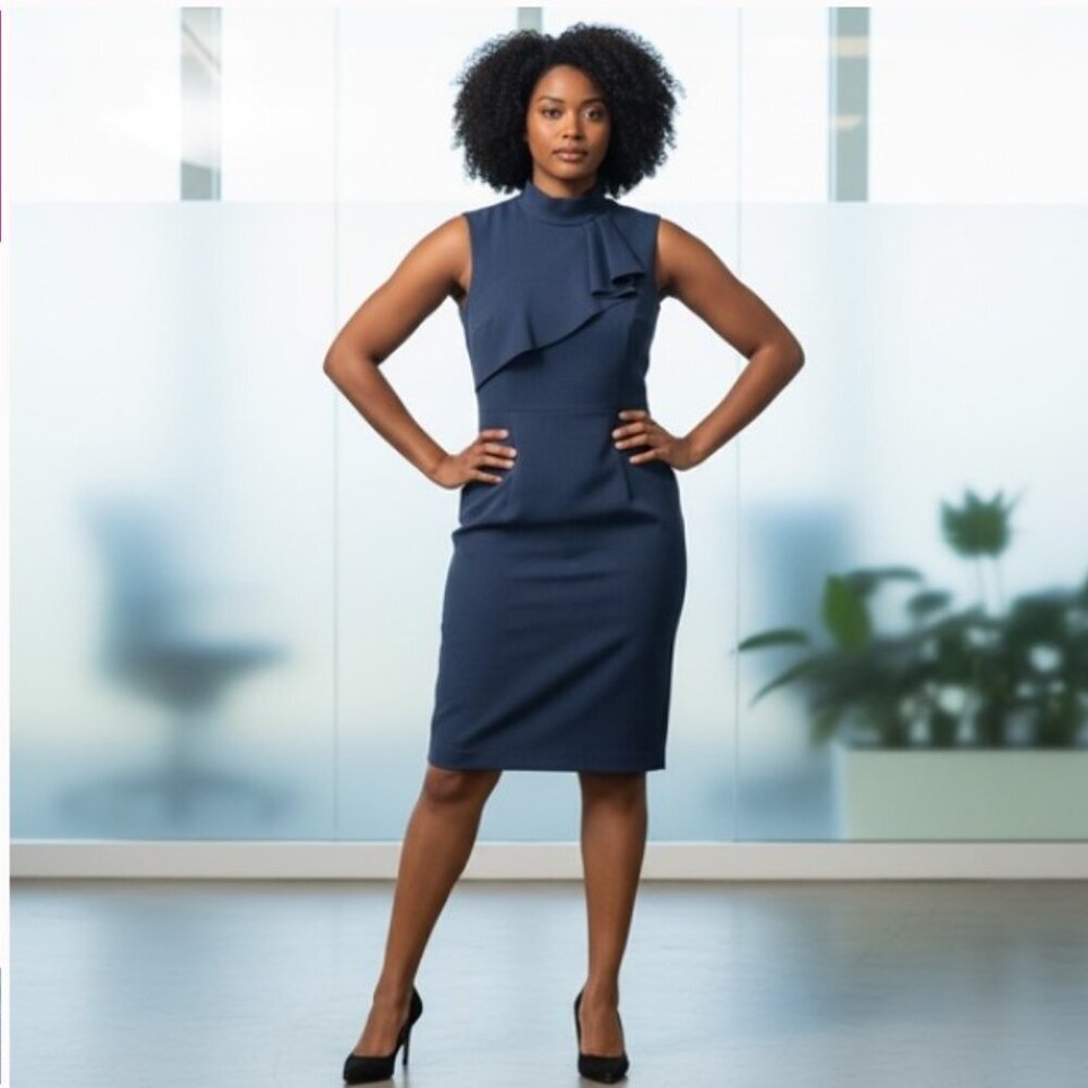 Femme - Soft Blue Fitted Dress with front ruffle  - Size 36 (6) CA